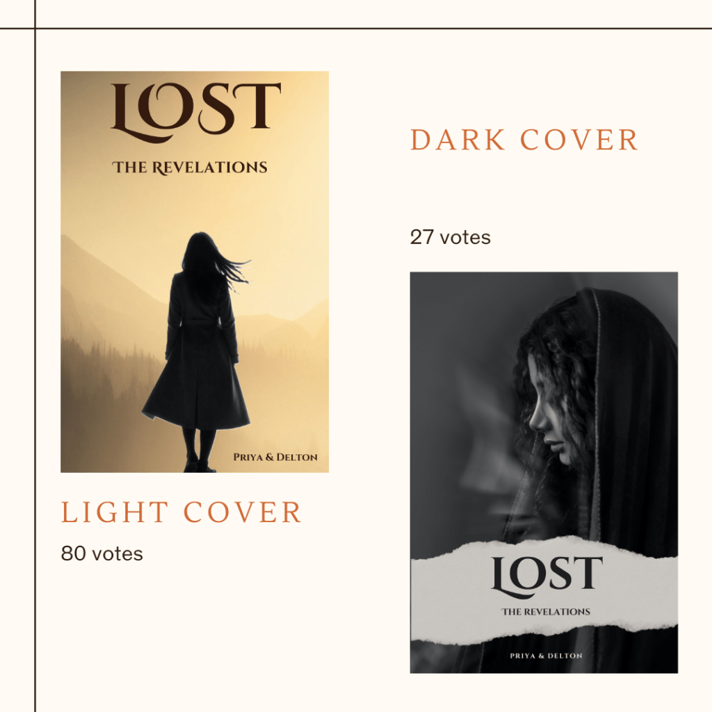 Image comparing two book covers for 'Lost: The Revelations'. The left cover is light with 80 votes and features a silhouette of a person against a mountainous background. The right cover is dark with 27 votes, showing a close-up of a woman in a hooded cloak.