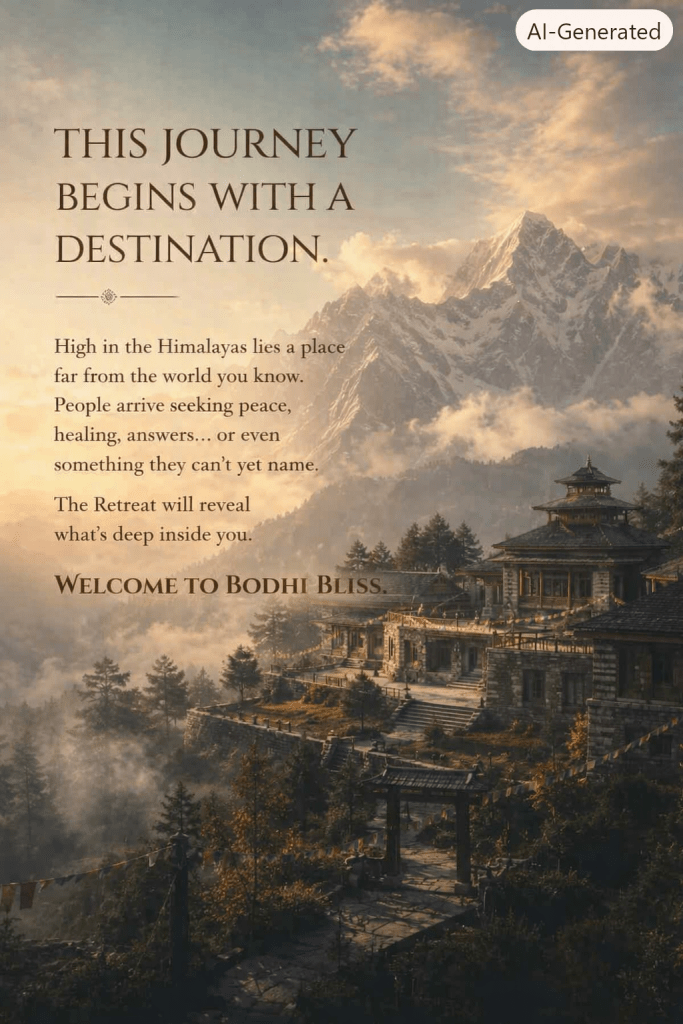 A serene mountain retreat in the Himalayas, surrounded by trees and mist, featuring ornate buildings and pathways, with an inviting message about starting a journey of peace and self-discovery.
