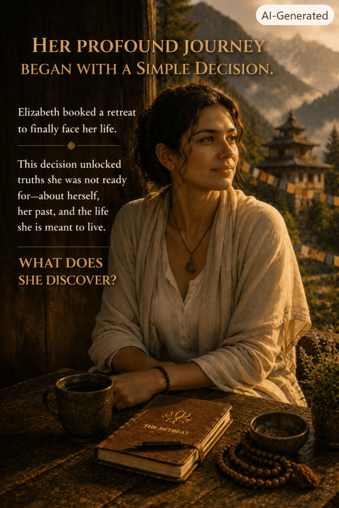 A woman in a serene setting reflects on her life, with a notebook titled 'The Retreat' and a cup of coffee on the table in front of her.