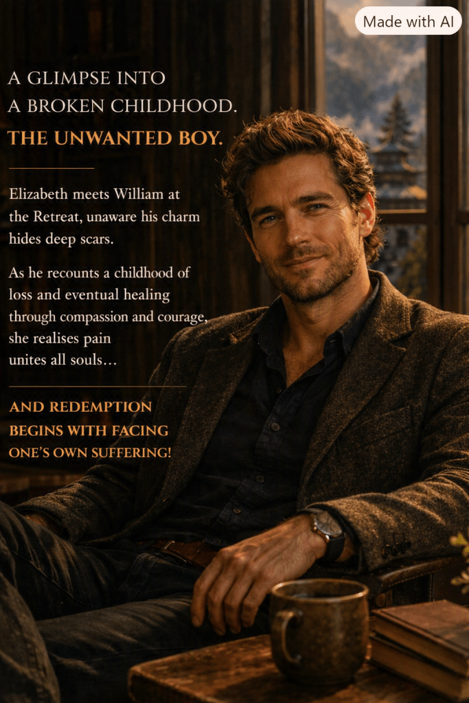 A man with tousled hair and a warm smile sits comfortably in a rustic setting, surrounded by wooden decor. He is wearing a dark blazer over a blue shirt, with a coffee mug and books placed on a table beside him. The image features text overlay that hints at themes of childhood trauma and healing.