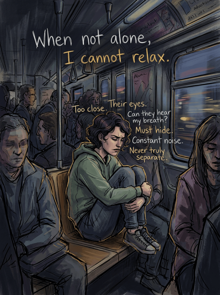 When not alone, I cannot relax. Too close. Their eyes. Can they hear my breath? Must hide. Constant noise. Never truly separate.
