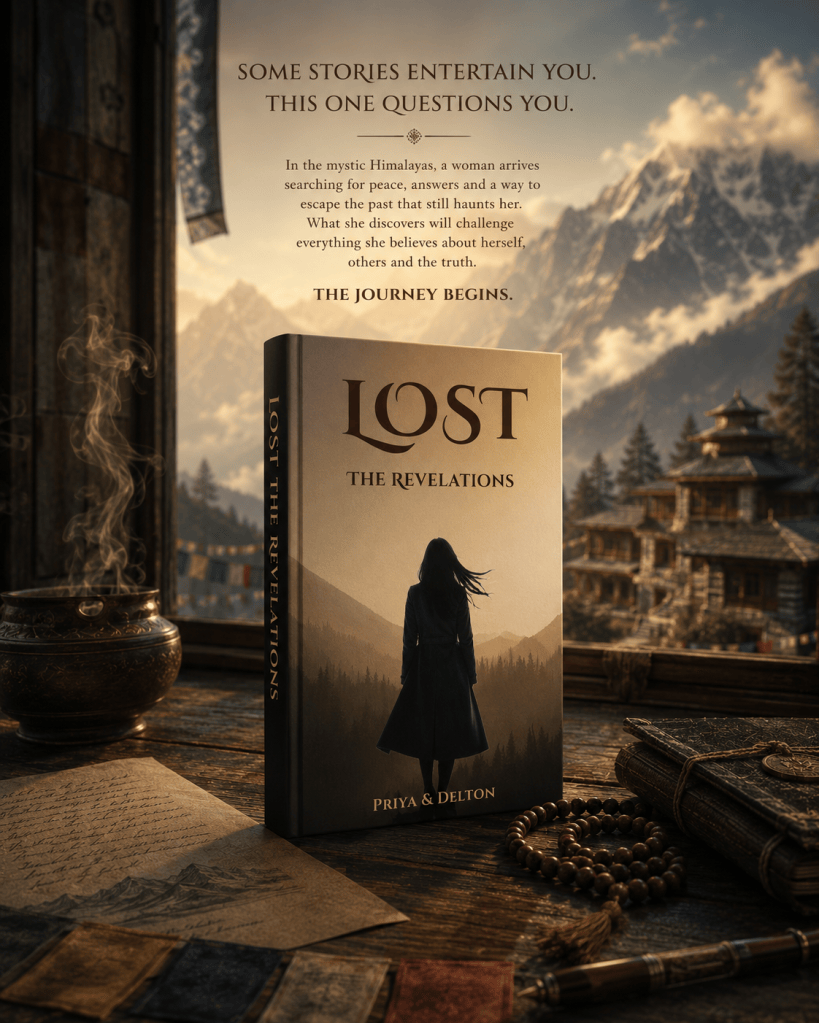 A book titled 'Lost: The Revelations' stands on a wooden table in a scenic Himalayan setting, with mountains and traditional buildings in the background. An open book, various fabrics, and a prayer bead necklace surround it, suggesting themes of exploration and introspection.