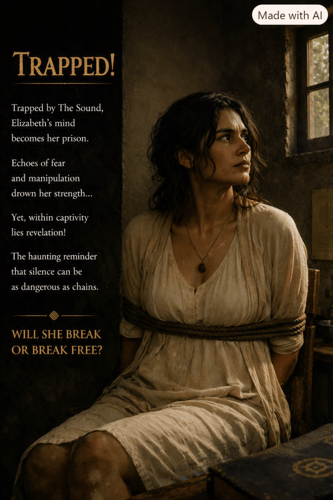 A woman named Elizabeth sits tied to a chair in a dimly lit room, looking contemplative and alert. She has long, wavy hair and wears a simple, light-coloured dress. The walls are rough and there is a window with sunlight filtering through, creating a dramatic atmosphere.