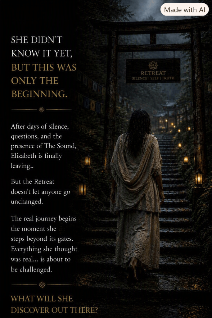 A woman stands before a large entrance gate adorned with lanterns, preparing to enter a retreat. The text overlay hints at an exploration of self and discovery beyond the gates.