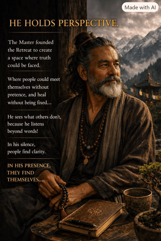A contemplative man with long hair and a beard, dressed in traditional attire, sits peacefully in nature. He holds prayer beads in one hand, while a book and a tea cup are placed nearby. The backdrop features serene mountains and a peaceful retreat setting, conveying a sense of wisdom and tranquility.