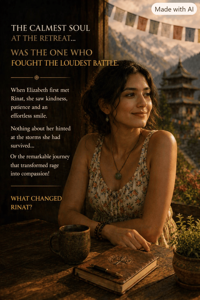 A serene woman with dark, curly hair, sitting at a wooden table adorned with a coffee mug and an open journal, smiling softly. The background features mountains and prayer flags, creating a peaceful retreat atmosphere. Text overlays hint at her transformative journey and inner strength.