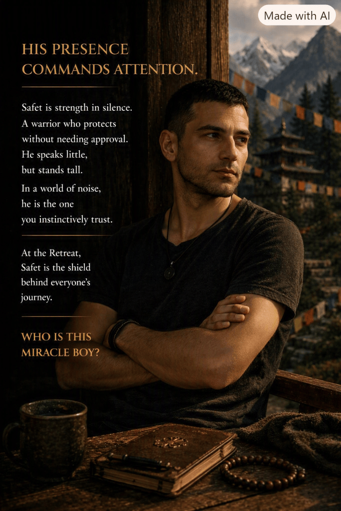A contemplative man with short hair sits with his arms crossed, gazing into the distance amid a mountainous landscape. Coffee and a journal are visible on the table in front of him, conveying a sense of peace and reflection.