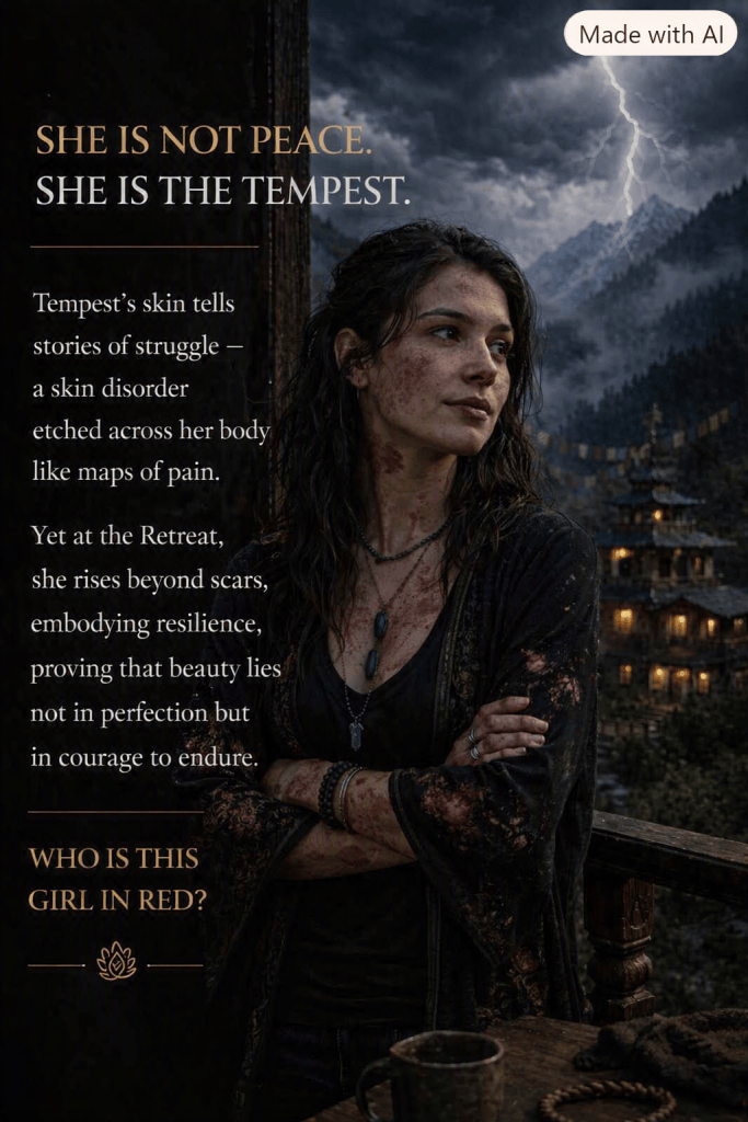 A woman with wavy dark hair stands in a rustic setting, looking thoughtfully into the distance. She has visible skin imperfections and a serene expression, dressed in dark clothing with accessories, against a backdrop of mountains and a moody sky.